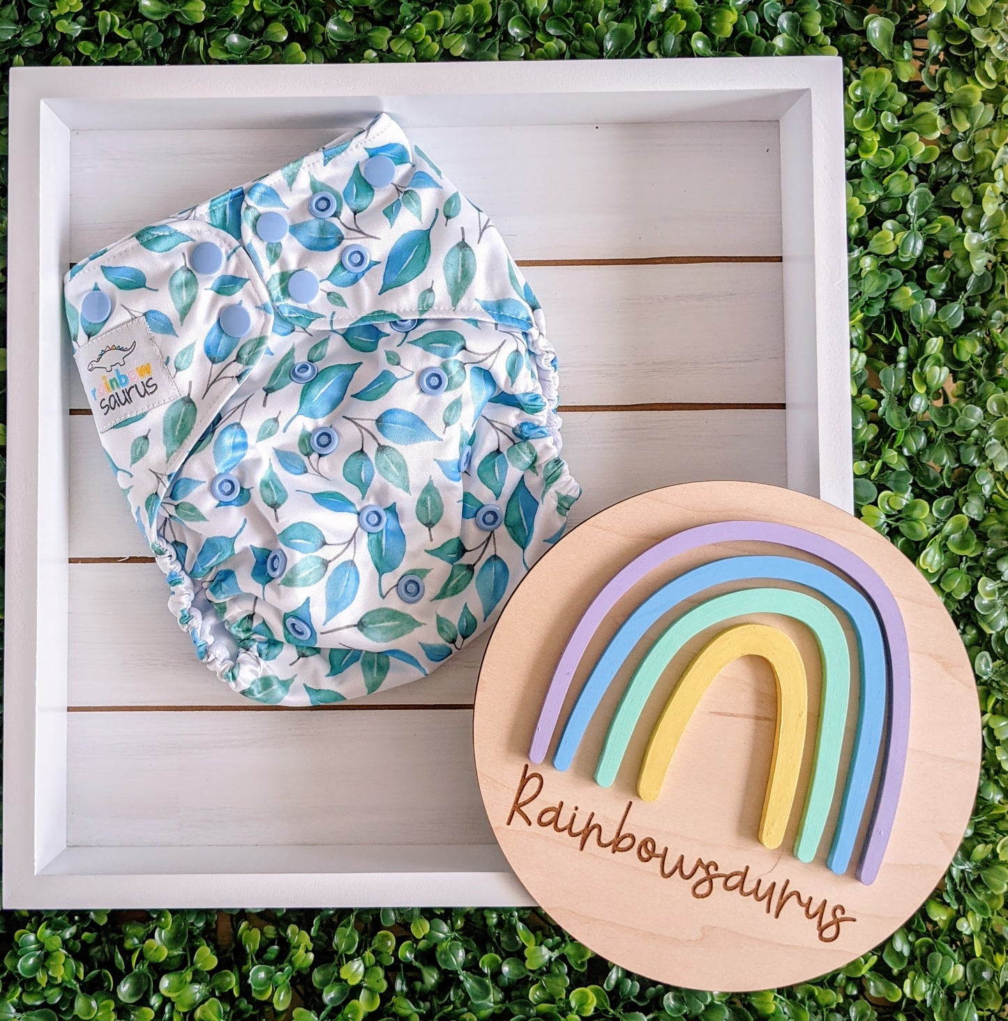 Rainbowsaurus - ECOsaurus Fit - Secret Garden - Blue Leaves
