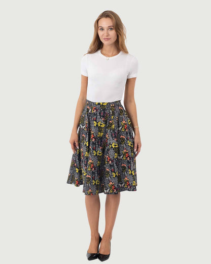 Eva Rose Clothing - Fit & Flare Botanical Butterfly Print Skirt, W/ Pocket: L