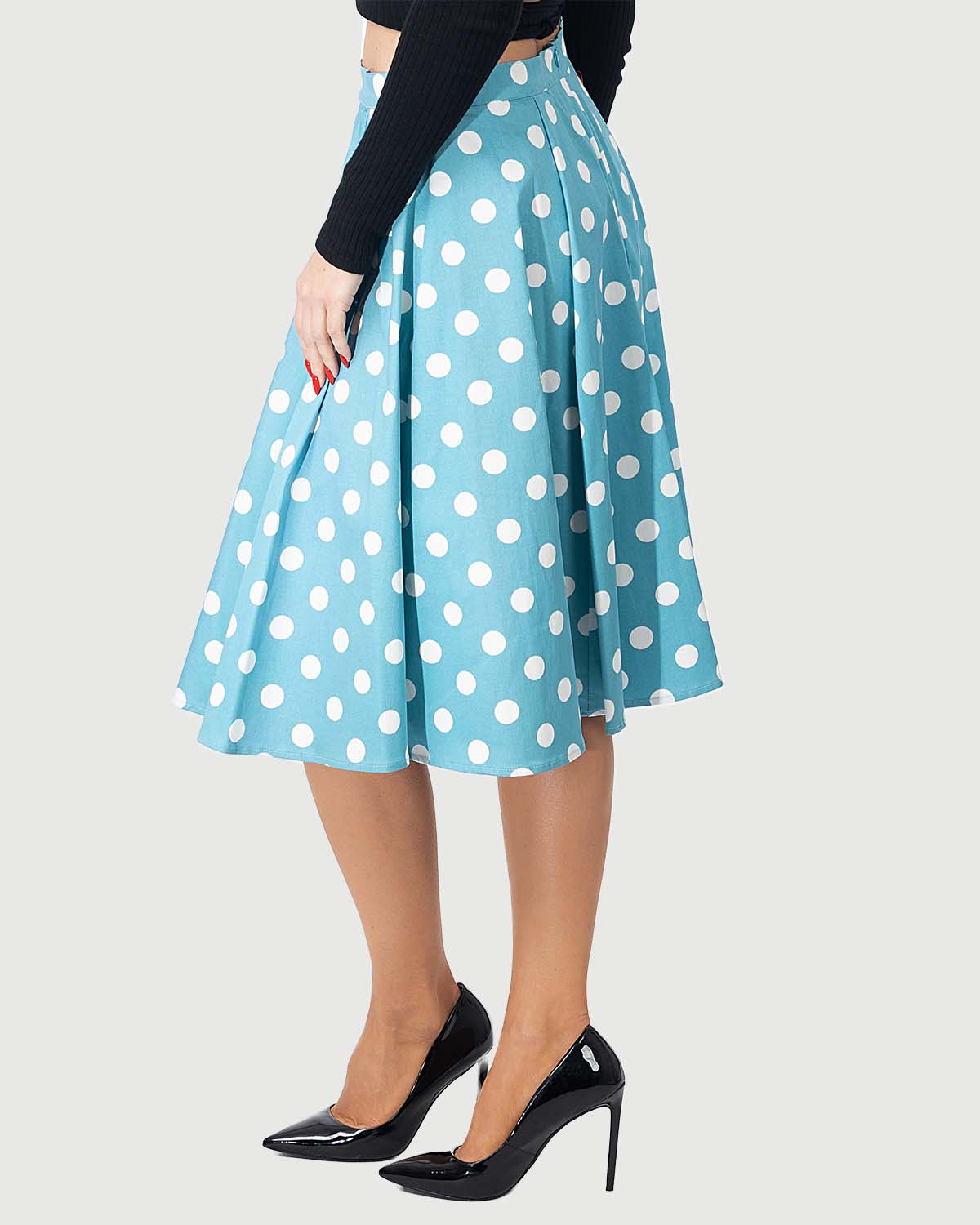 Eva Rose Clothing - Fit & Flare Baby Blue Polka Dot Print Skirt W/ Pocket: L