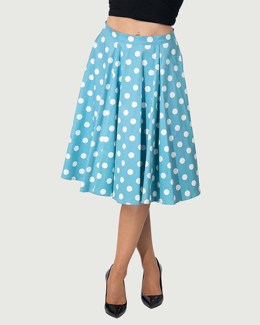 Eva Rose Clothing - Fit & Flare Baby Blue Polka Dot Print Skirt W/ Pocket: L