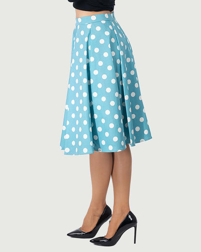 Eva Rose Clothing - Fit & Flare Baby Blue Polka Dot Print Skirt W/ Pocket: L