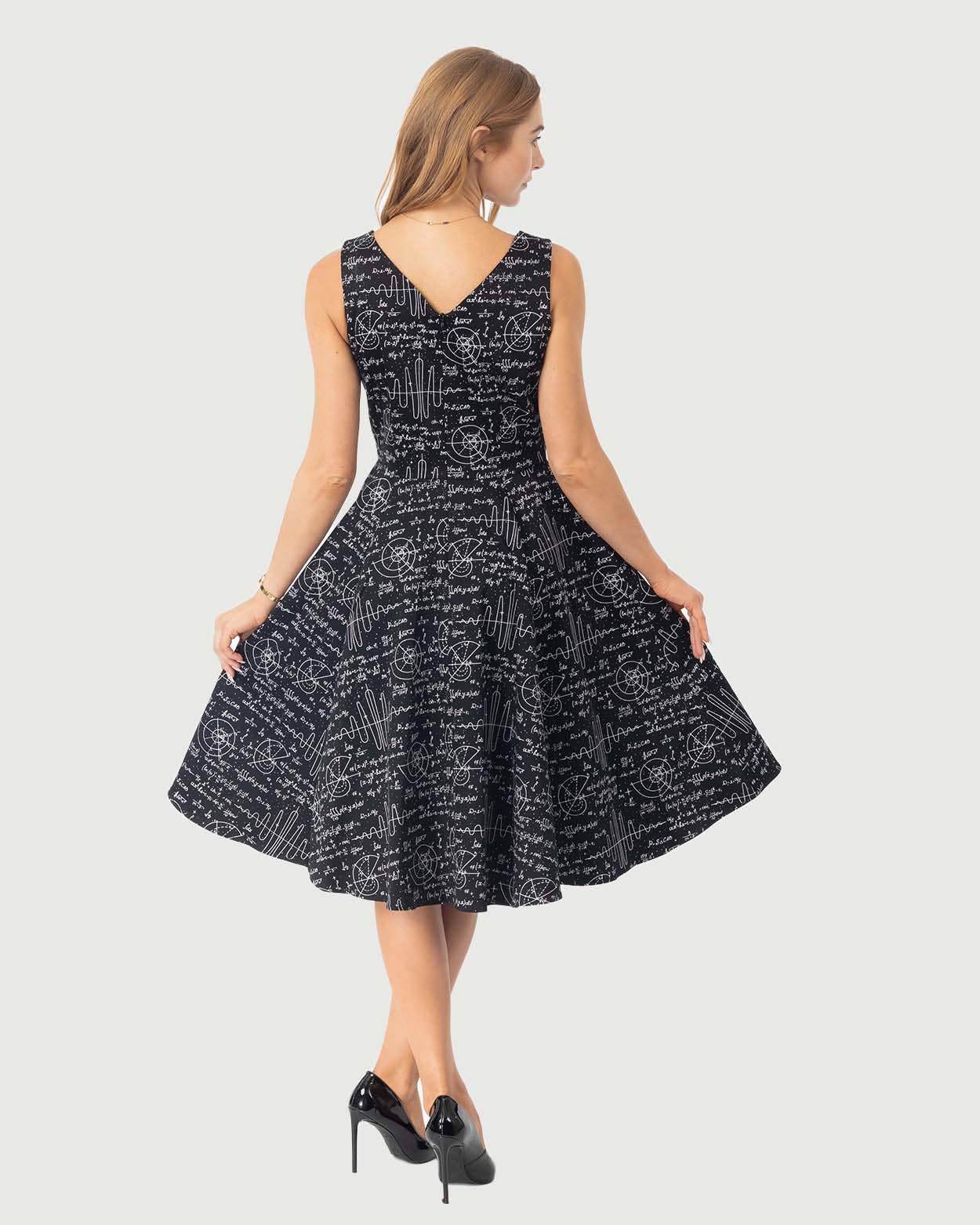 Eva Rose Clothing - V-Neck Math Print Women Dress Fit & Flare with Pocket: L
