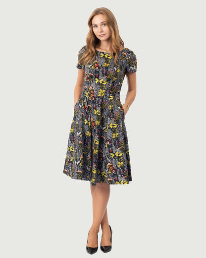 Eva Rose Clothing - Fit & Flare Boat Neck Floral Dress in Botanical Butterfly: L