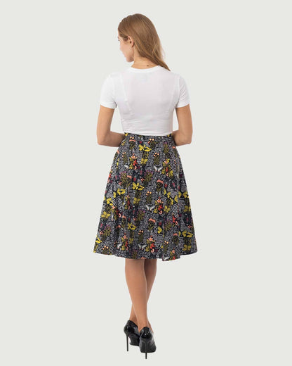 Eva Rose Clothing - Fit & Flare Botanical Butterfly Print Skirt, W/ Pocket: L