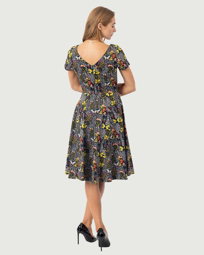 Eva Rose Clothing - Fit & Flare Boat Neck Floral Dress in Botanical Butterfly: L